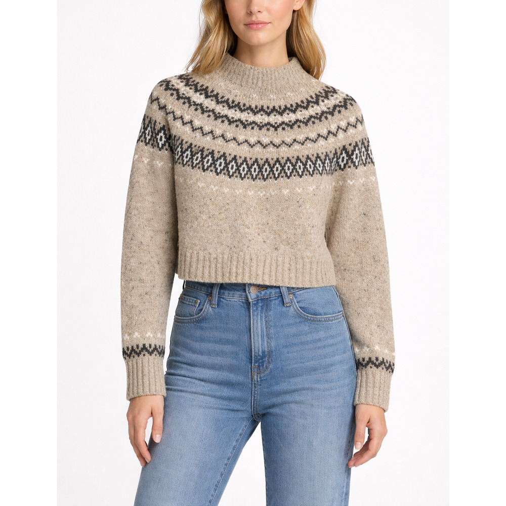 J.Crew Fair Isle Wide Mockneck Sweater Womens Small Beige Wool Blend Nordic Boho
